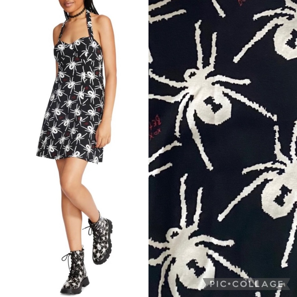 New Betsey Johnson Black White Spider Mini Halter Dress NWT Bra